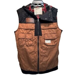 Rocawear Men's Medium Brown Hooded Utility Vest Plaid Lined Multi-Pocket M‎